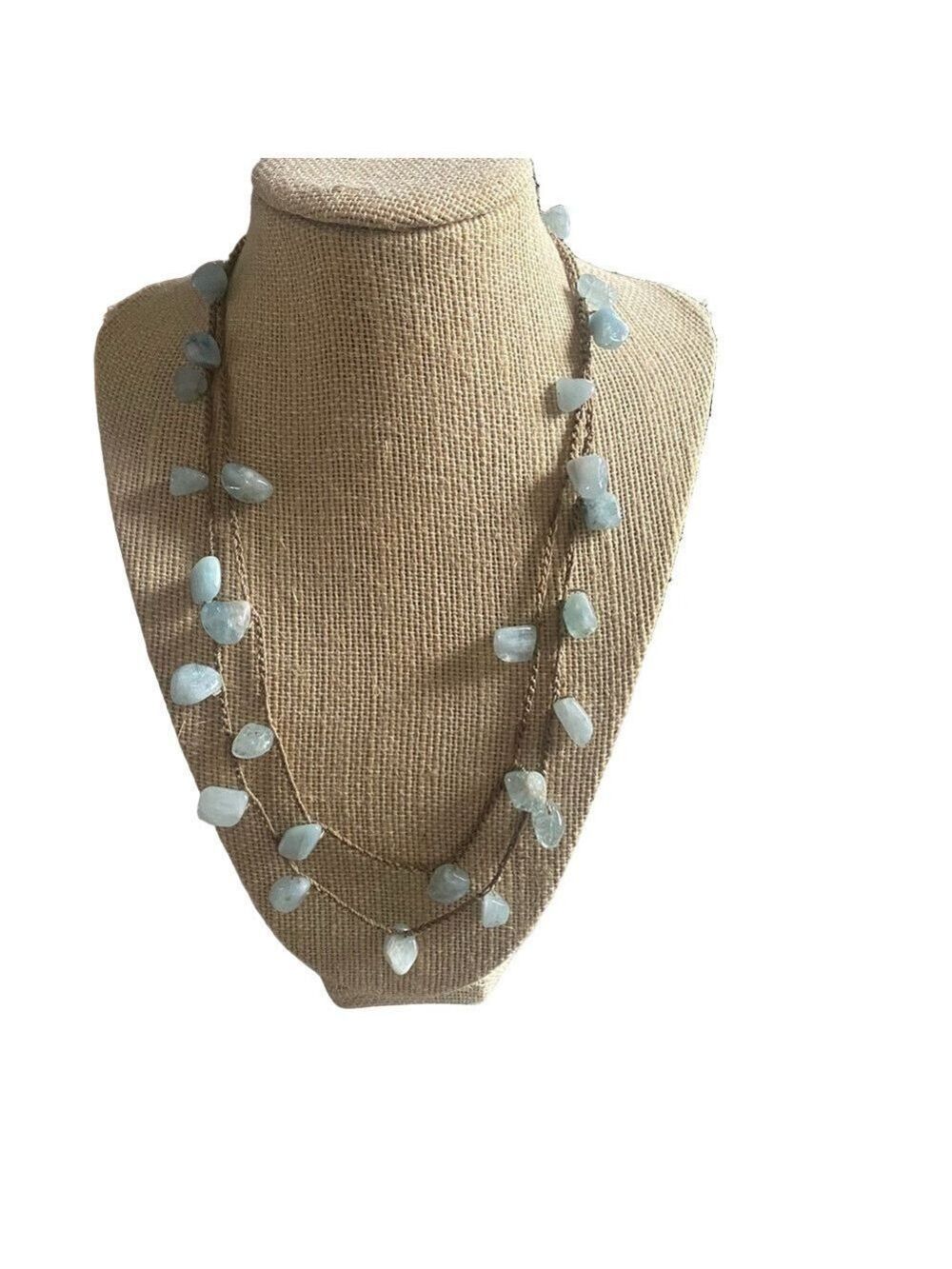 Handmade Crochet Necklace with Aquamarine Stones – 20” Cotton String